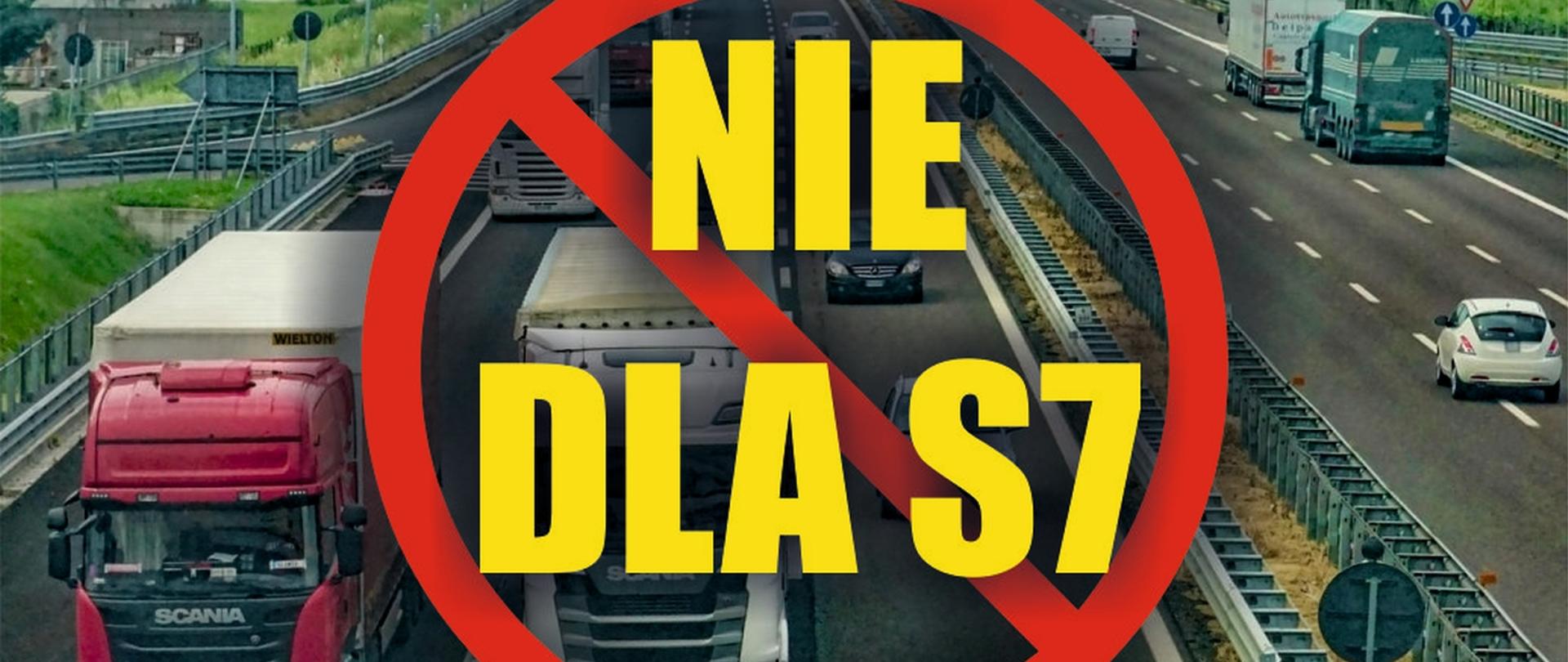 "Nie dla S7" – protestacyjny napis z logo samochodu, prawdopodobnie sprzeciw wobec drogi S7 lub polityki transportowej, przekaz na tle przypominającym billboard