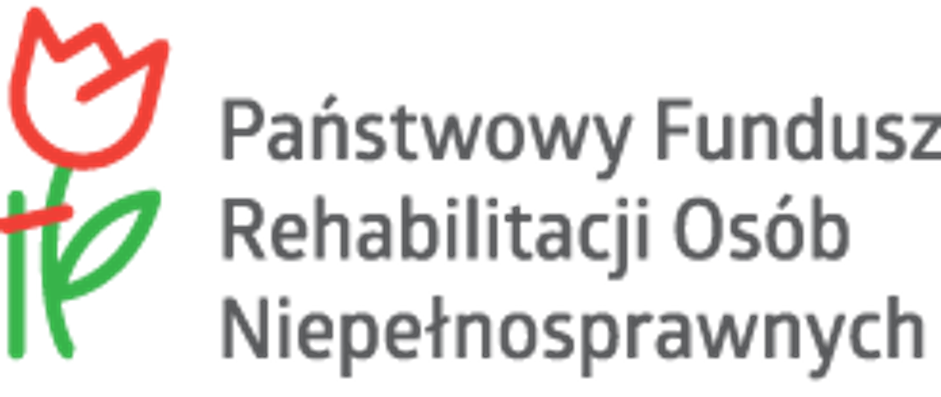 Szary napis Państwowy Fundusz Rehabilitacji Osób Niepełnosprawnych. Po lewej stronie kwiat oraz podpora, dzięki której może rozkwitać.