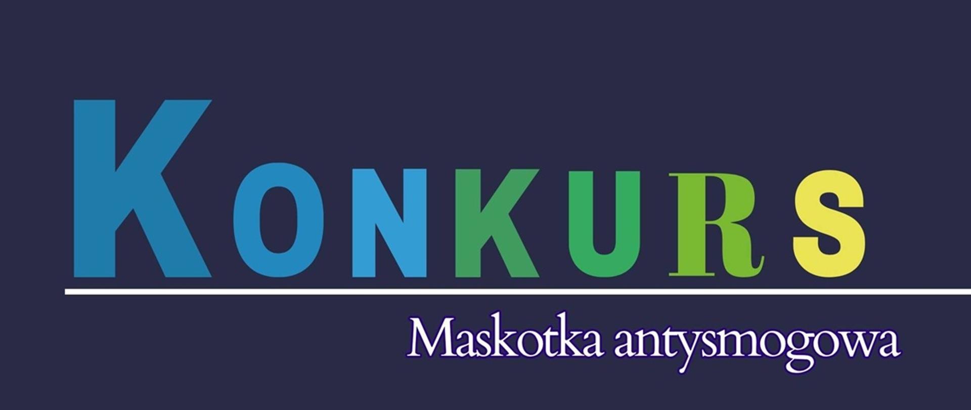 granatowe tło kolorowe litry KONKURS na dole kolorowe maskotki