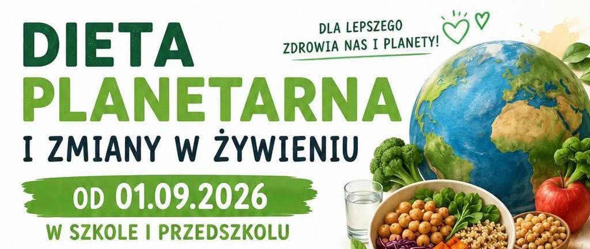 Białe tło, po prawej i lewej stronie tabelki. Na górze po prawej stronie planeta ziemia i talerz z warzywami. Na całej grafice napisy.