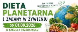 Białe tło, po prawej i lewej stronie tabelki. Na górze po prawej stronie planeta ziemia i talerz z warzywami. Na całej grafice napisy.