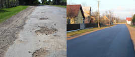Droga we wsi Kutowa - przed i po remoncie. Od lewej - stan nawierzchni przed remontem (wybite pobocza, popękany i dziurawy asfalt, po prawej - droga po remoncie: nowa nawierzchnia, wyrównane pobocza