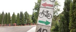 Znaki turystyczne na słupie elektrycznym - w tle nowo przebudowana droga i chodniki