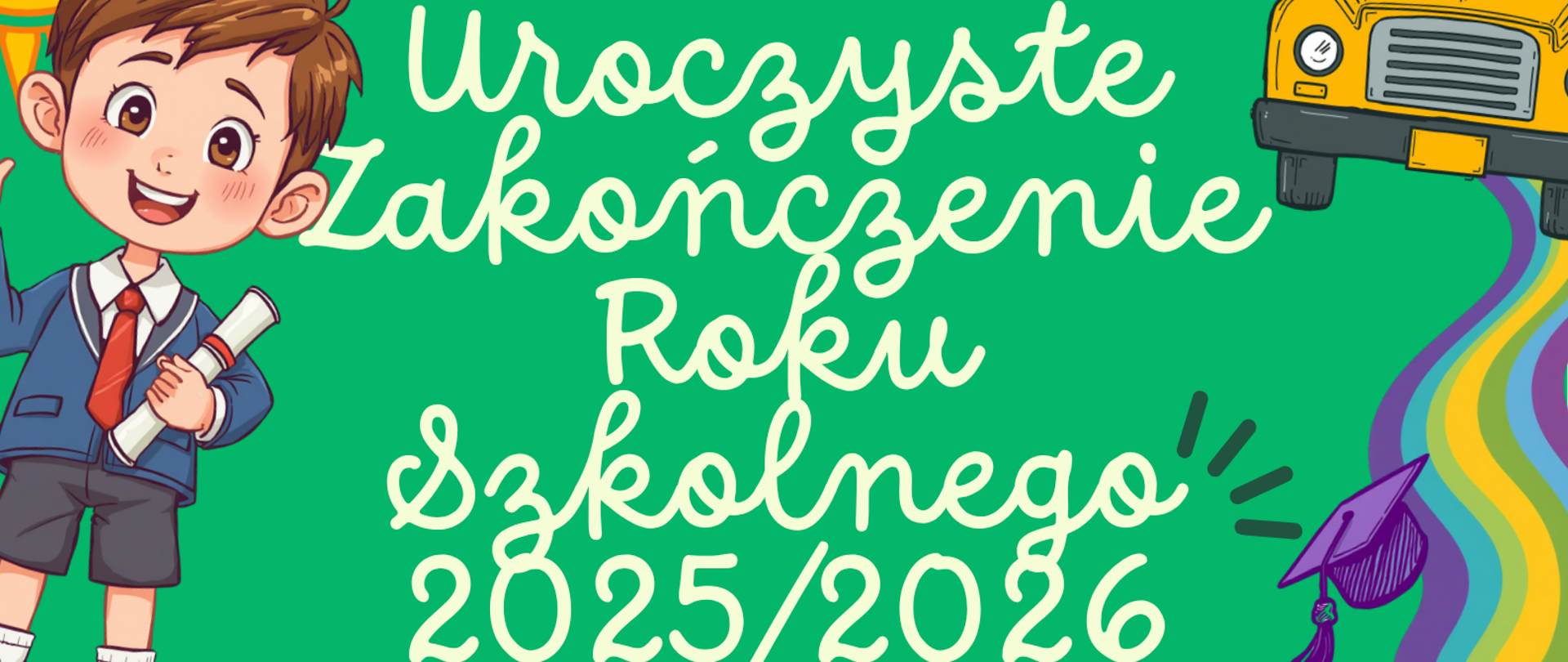 Białe tło na dole, na górze zielone. Po bokach obrazki dzieci, autokaru szkolnego i książek. Na górze białe napisy, na dole ciemne.