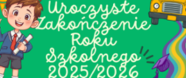 Białe tło na dole, na górze zielone. Po bokach obrazki dzieci, autokaru szkolnego i książek. Na górze białe napisy, na dole ciemne.