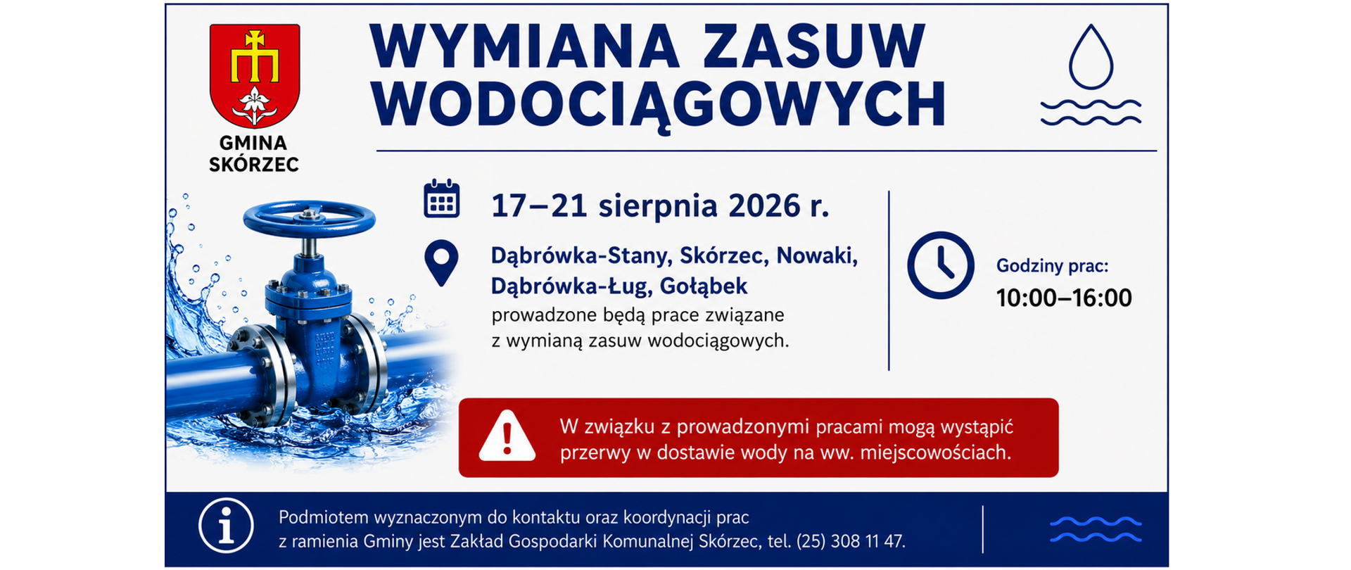 Ogłoszenie o wymianie zasuw wodociągowych - Dąbrówka- Stany, Skórzec, Nowki, Dąbrówka-Ług, Gołąbek