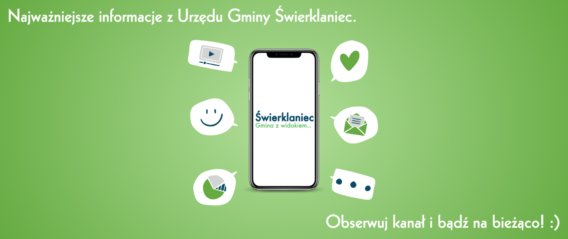 Najważniejsze informacje z UG Świerklaniec - promocja kanału na WhatsAppie. Grafika smartfona, a wokół niego ikony
