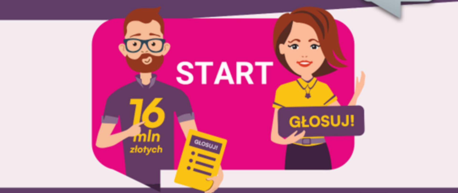 Grafika przedstawia informację dotyczącą rozpoczęcia głosowania w 8 edycji Budżetu Obywatelskiego Województwa Małopolskiego. Grafika przedstawia mężczyznę i kobietę, którzy zachęcają do głosowania. 