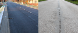 Droga powiatowa w miejscowości Czyże - przed i po przebudowie. Po lewej - droga po przebudowie - nowa nawierzchnia, po prawej - droga przed przebudową: popękany asfalt