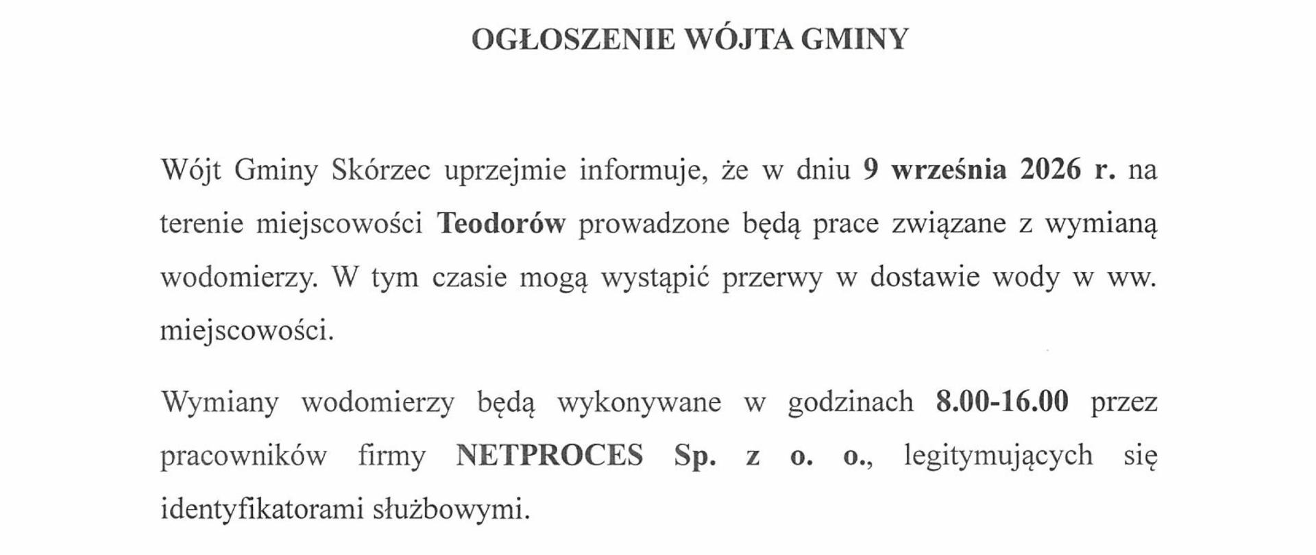 Wymiana wodomierzy Teodorów - 9 września