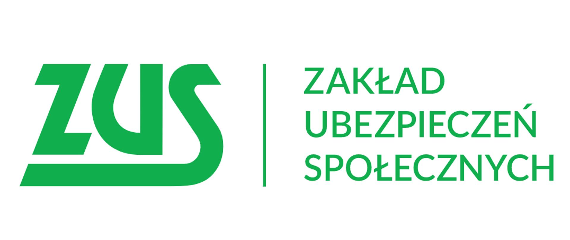 Logotyp w kolorze zielonym, po lewej stronie duży skrót ZUS pionowa zielona kreska i po prawej napis w trzech wierszach Zakład Ubezpieczeń Społecznych