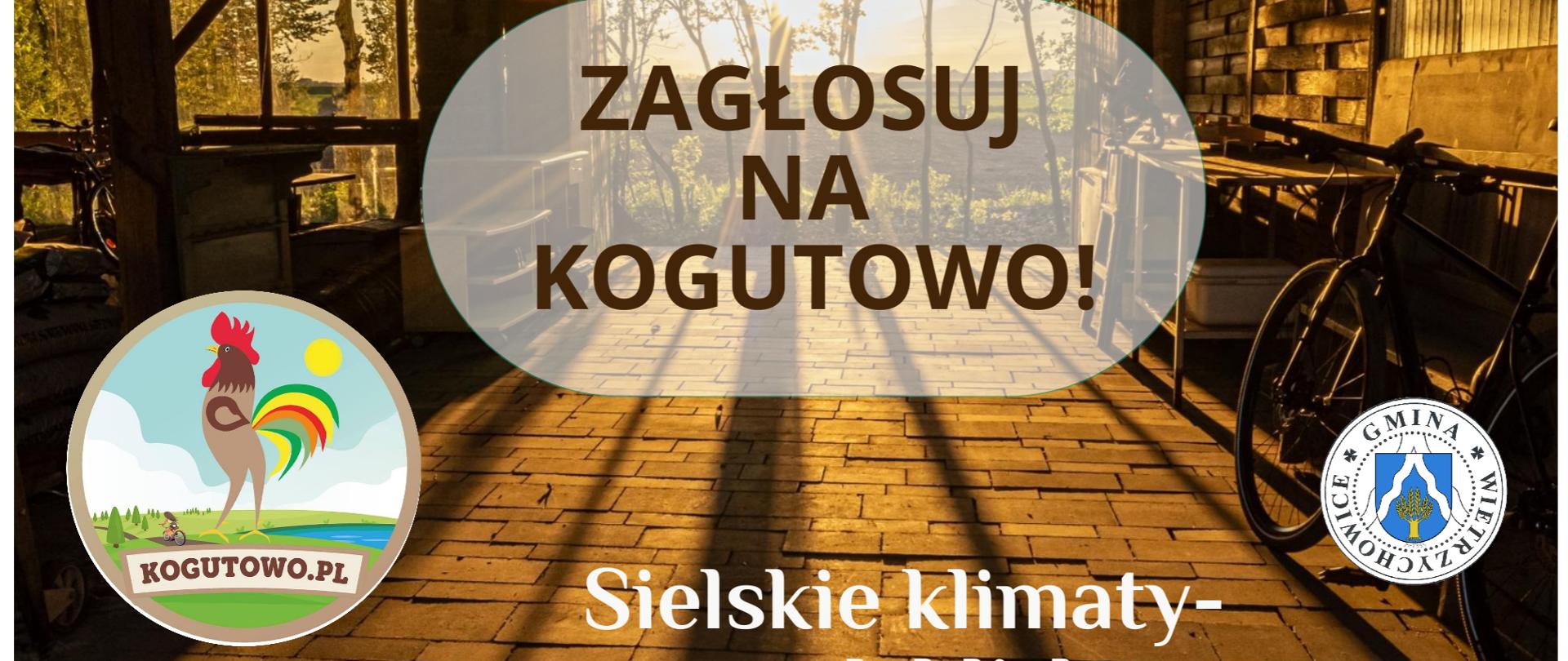 zdjęcie przedstawia zdjęcie Kogutowa w tle, po lewej stronie logo Kogutowa, po prawej stempel Gminy Wietrzychowice. U góry biały napis Turystyczne Skarby Małopolski 20022, na środku brązowy napis ZAGŁOSUJ NA KOGUTOWO, na dole napis Sielskie klimaty- wypoczynek blisko natury.