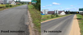 Kolaż zdjęć: po lewej droga 1628B na odcinku Kutowa – Chrabostówka przed remontem, po prawej droga po remoncie