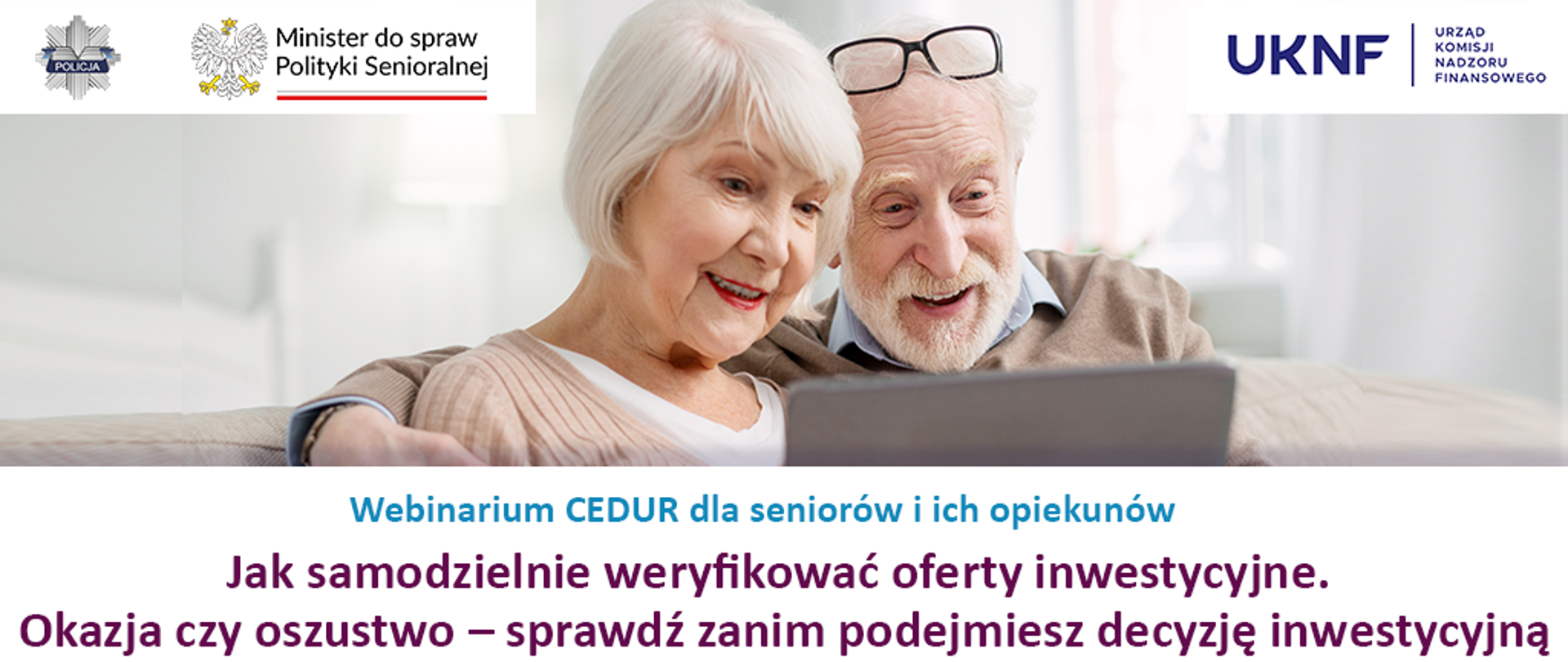 Baner informujący o Webinarium CEDUR dla seniorów i ich opiekunów - 20 września 2024 roku 10:00-13:15