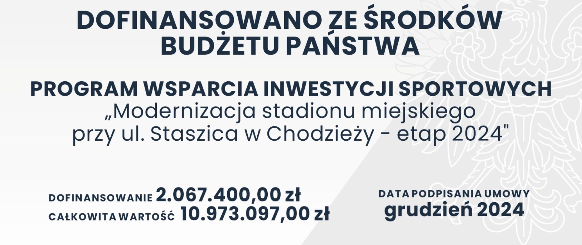 tablica informacyjna nt. "Modernizacji stadionu miejskiego przy ul. Staszica w Chodzieży - etap 2024"