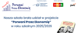 Białe tło, na środku granatowe napisy. Na dole po prawej stronie grafika przedstawiająca postacie w maskach. Na dole po lewej stronie granatowy pasek z białym napisem. Na górze logo mbanku, projektu oraz organizatorów.