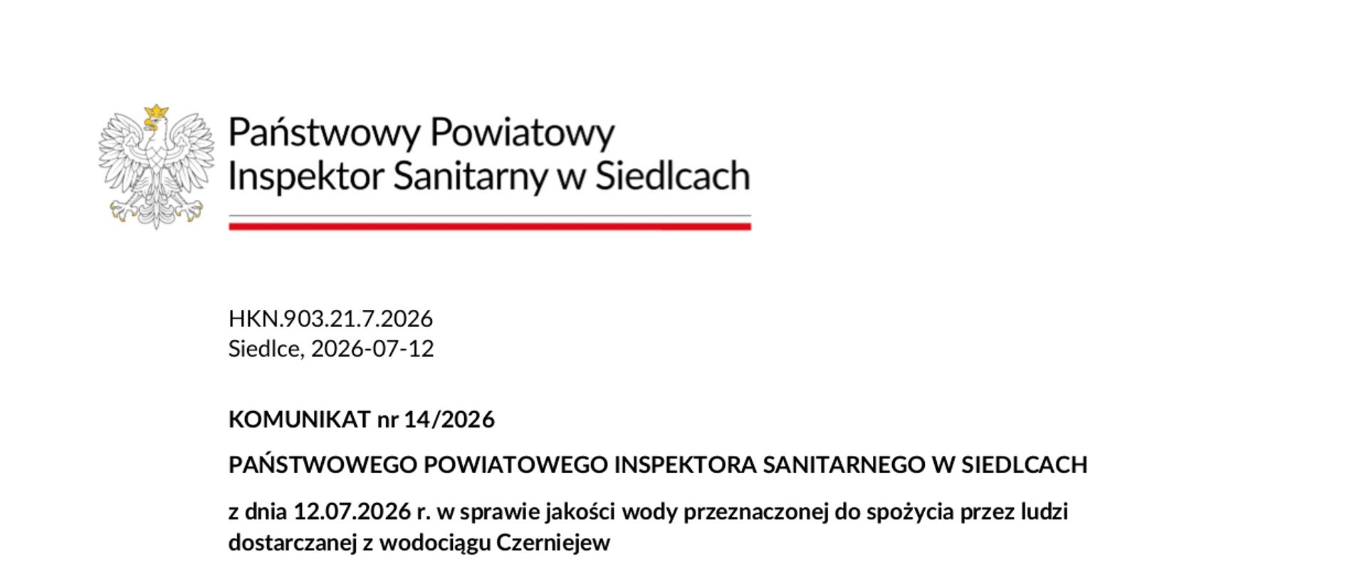 Komunikat o przydatności wody Czerniejew