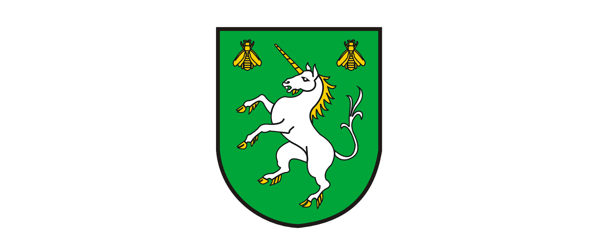 Herb gminy Jednorożec przedstawia w polu zielonym jednorożca wspiętego srebrnego ze złotym rogiem, grzywą i racicami, powyżej którego znajdują się dwie pszczoły w narożnikach górnej części tarczy.