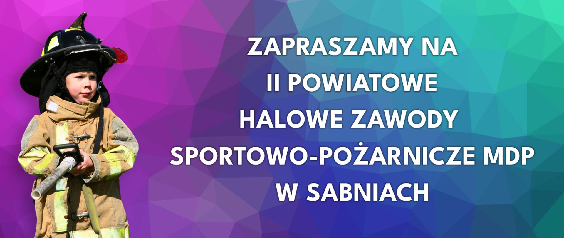 Dziecko (chłopiec) w stroju strażackim na kolorowym tle geometrycznym, na którym znajduje się również biały napis z nazwą zawodów.