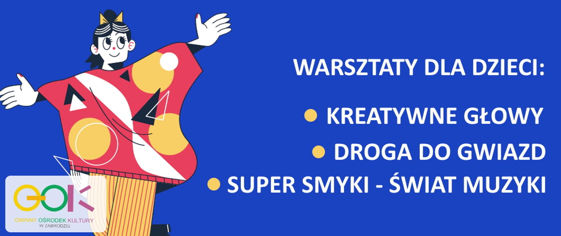 Grafika mężczyzny ubranego w czerwony sweter w kolorowe kształty z rękoma rozłożonymi na boki. Warsztaty dla dzieci: kreatywne głowy, droga do gwiazd, super smyki - świat muzyki