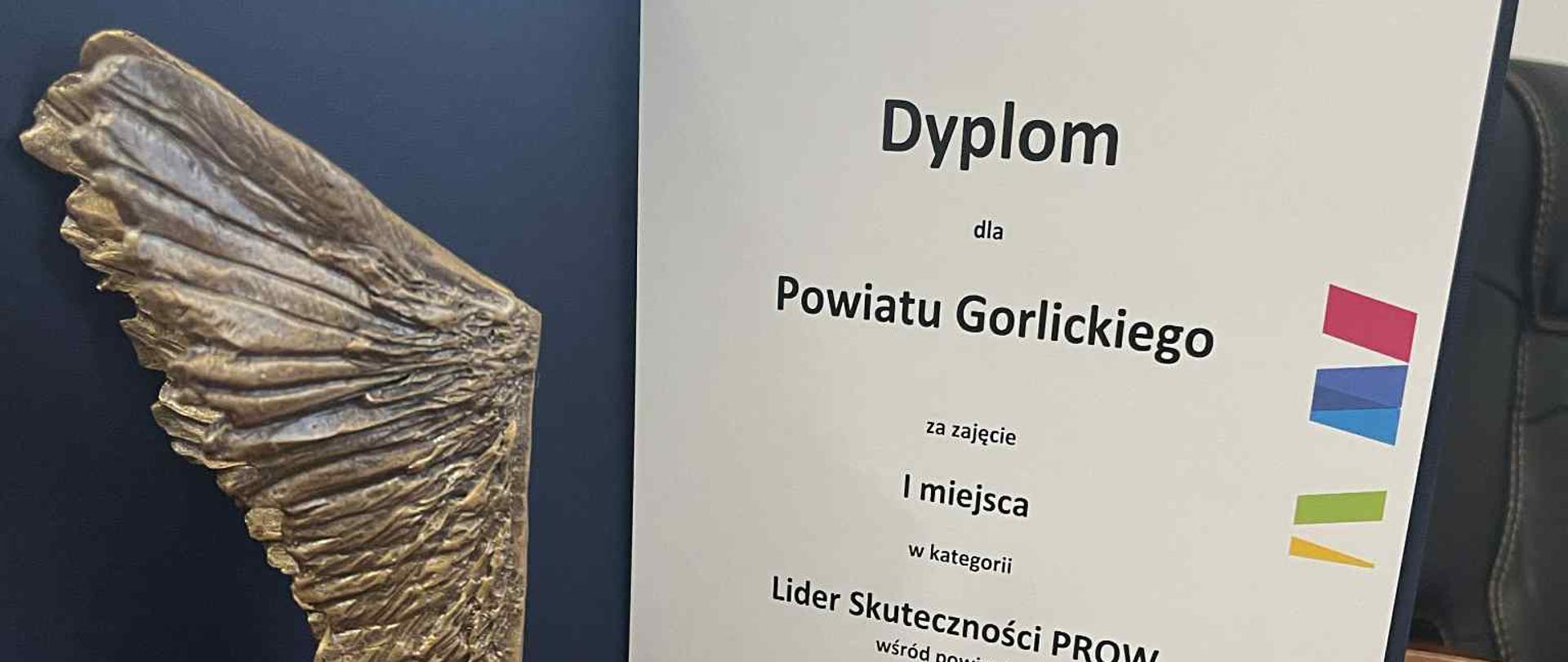 Dyplom dla Powiatu Gorlickiego za zajęcie I miejsca w kategorii Lider Skuteczności PROW wśród powiatów