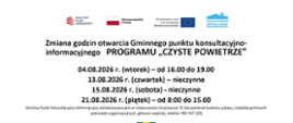 Informacja o zmianie godzin otwarcia Gminnego punktu konsultacyjno-informacyjnego programu "Czyste Powietrze" w sierpniu 2026 r.