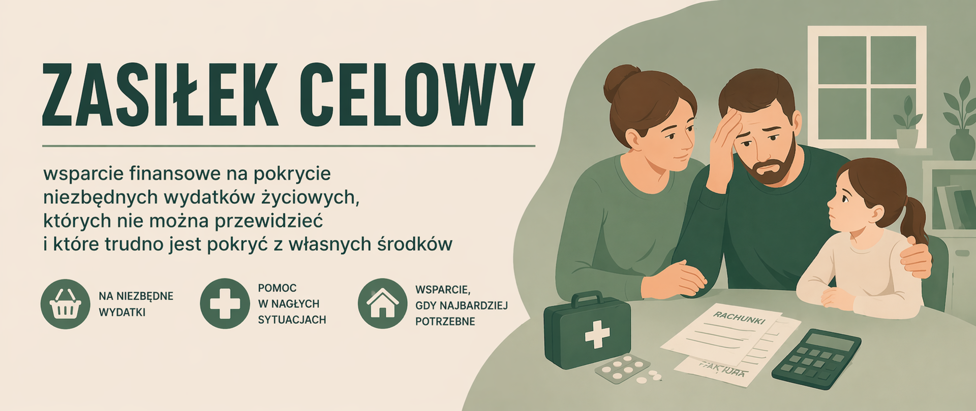 Panoramiczna grafika informacyjna utrzymana w spokojnej, stonowanej kolorystyce (beże i zielenie). Po lewej stronie znajduje się wyraźny nagłówek „ZASIŁEK CELOWY” oraz krótki opis wskazujący, że jest to forma wsparcia finansowego na pokrycie niezbędnych, nieprzewidzianych wydatków życiowych. Poniżej umieszczono proste ikony symbolizujące pomoc w nagłych sytuacjach, wsparcie na podstawowe potrzeby oraz doraźny charakter świadczenia.
Po prawej stronie widoczna jest ilustracja rodziny znajdującej się w trudnej sytuacji – dorosłe osoby oraz dziecko siedzą przy stole z rachunkami i kalkulatorem, co symbolizuje problemy finansowe. Obok znajdują się elementy takie jak apteczka i leki, wskazujące na nagłe wydatki zdrowotne. Całość uzupełnia tło z elementami domowymi i roślinnymi, podkreślając codzienny, życiowy charakter sytuacji. Grafika jest nowoczesna, przejrzysta i przyjazna odbiorcy.
