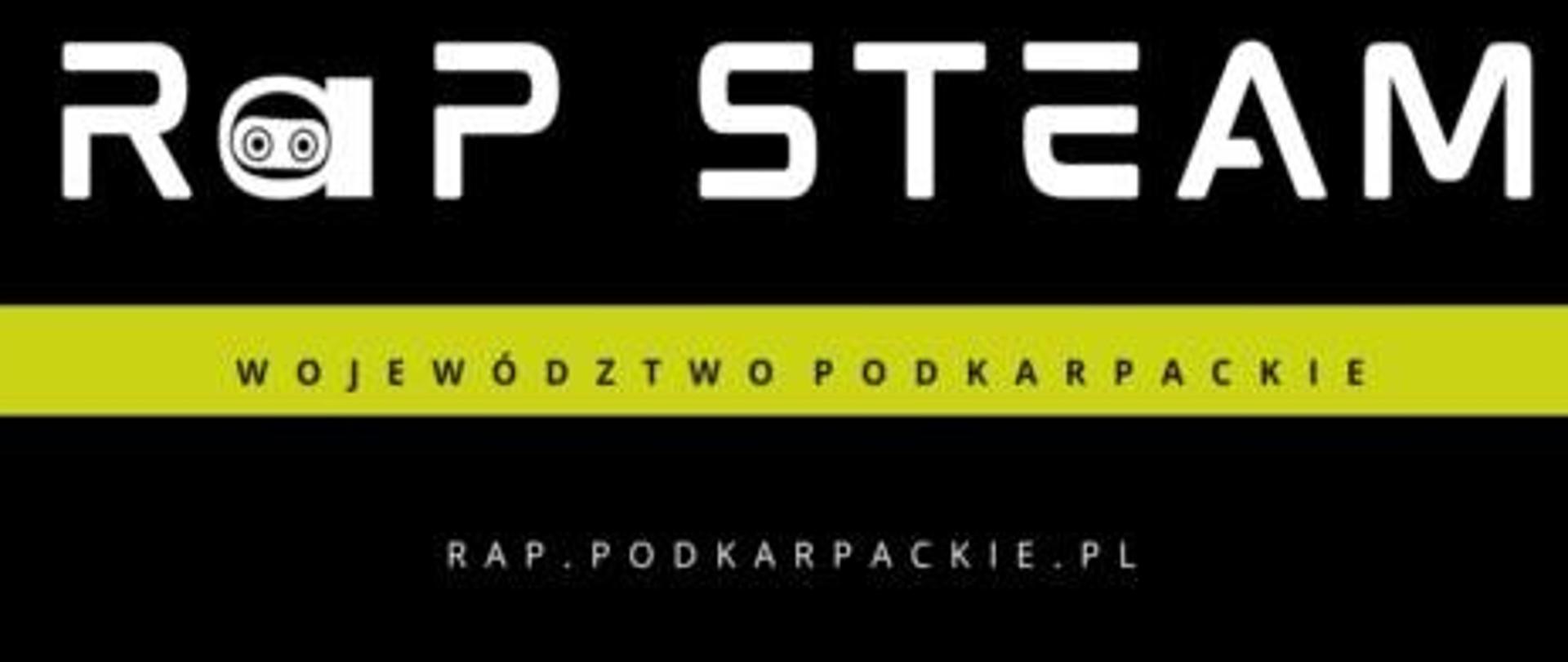 czarne tło białe litery ruszył projekt RaP STEAM na dole kolorowe loga 