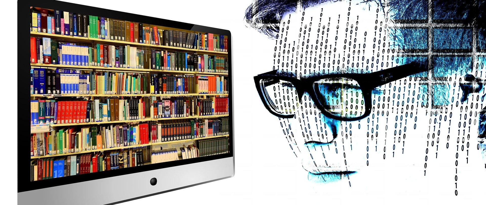 Grafika tematyczna - komputer z książkami na ekranie oraz hologram twarzy człowieka stworzony z zer i jedynek