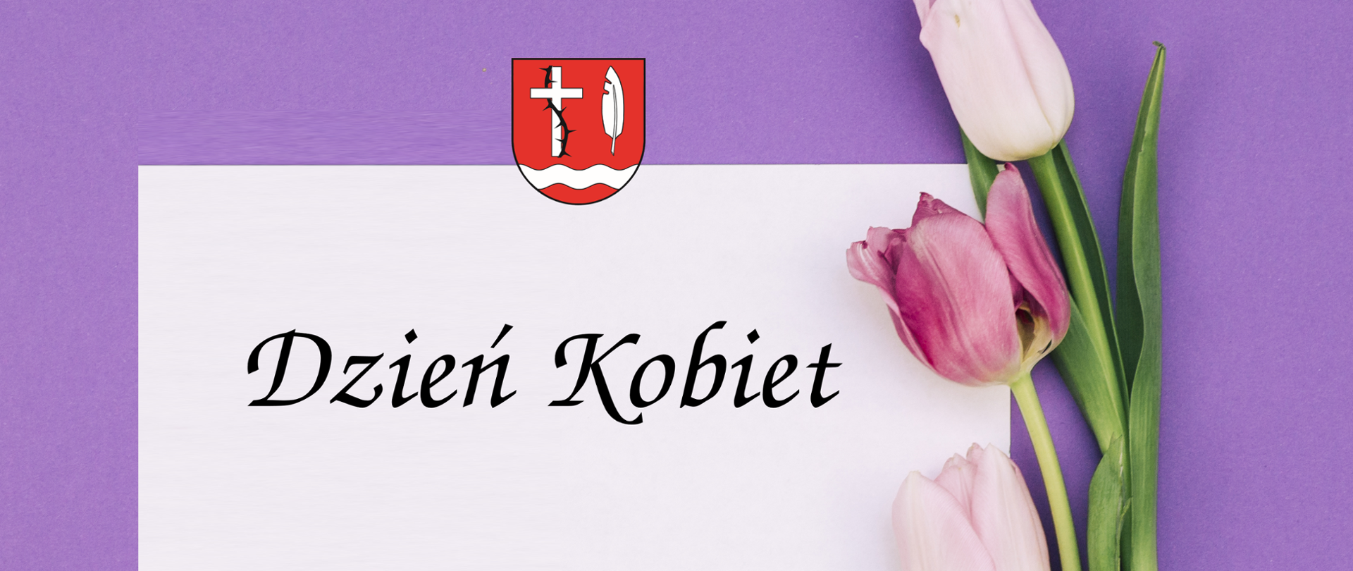 Różowe tulipany na fioletowym tle. Herb gminy Zabrodzie oraz napis Dzień Kobiet