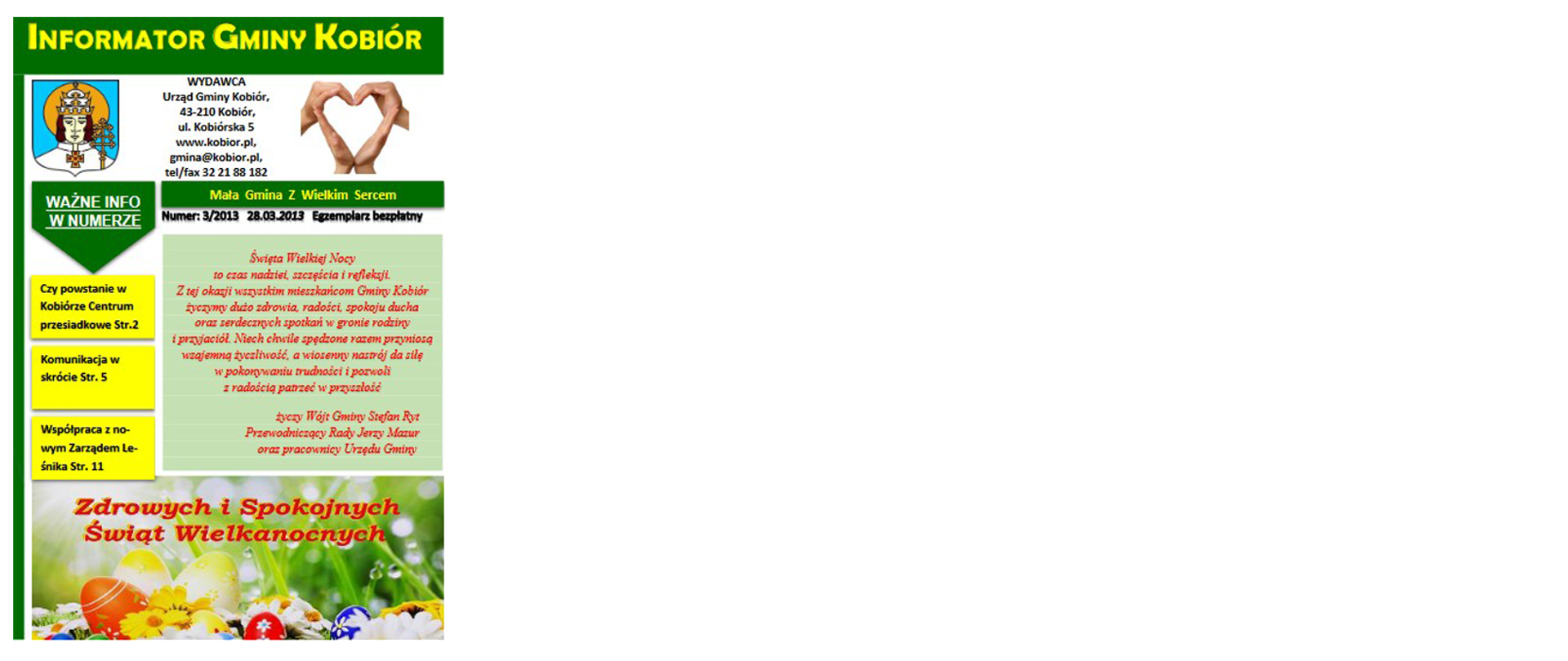 Zdjęcie przedstawia okładkę informatora Gminy Kobiór z marca 2013 roku na której widać najważniejsze informacje dla mieszkańców oraz zdjęcie jajek wielkanocnych 