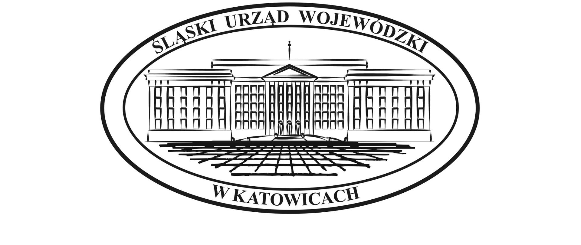 W owalu trzyczęściowy, kilkupiętrowy gmach. Na obwodzie napis: Śląski Urząd Wojewódzki w Katowicach