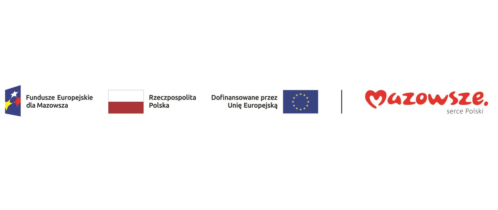 Logotypy Fundusze Europejskie dla Mazowsza, Flaga Rzeczpospolitej Polskiej, Flaga Unii Europejskiej, logotyp Mazowsze serce Polski