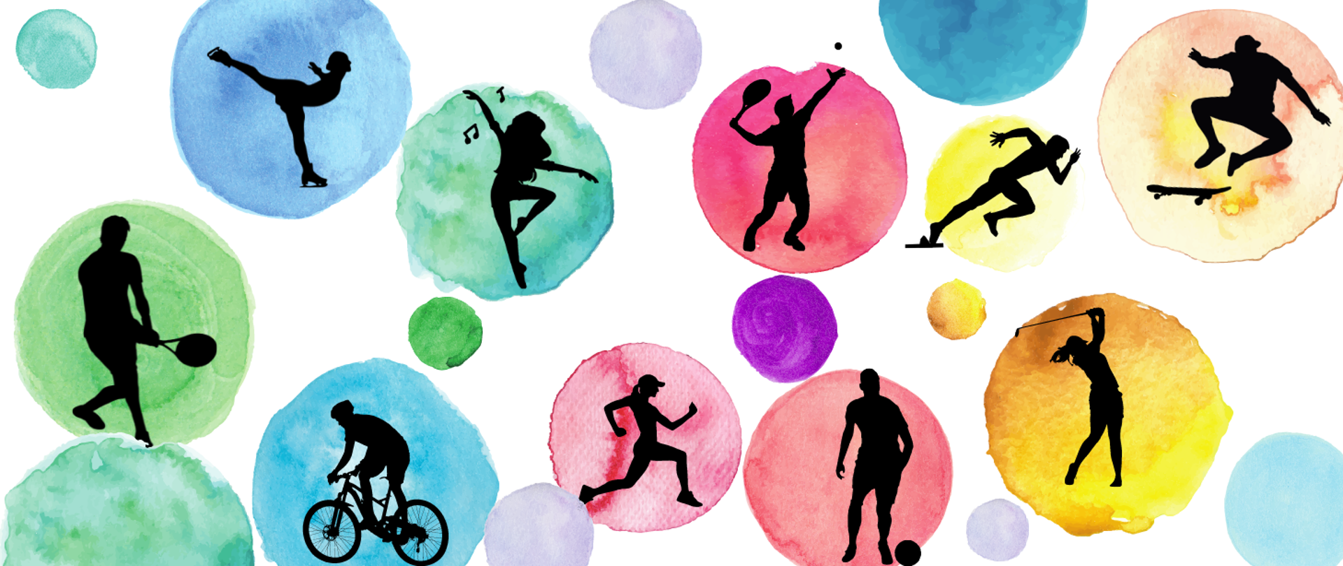 Grafiki przedstawiające sylwetki ludzkie podczas uprawiania sportów - łyżwiarstwo, piłka nożna, tenis, hokej, jazda na rowerze, biegi