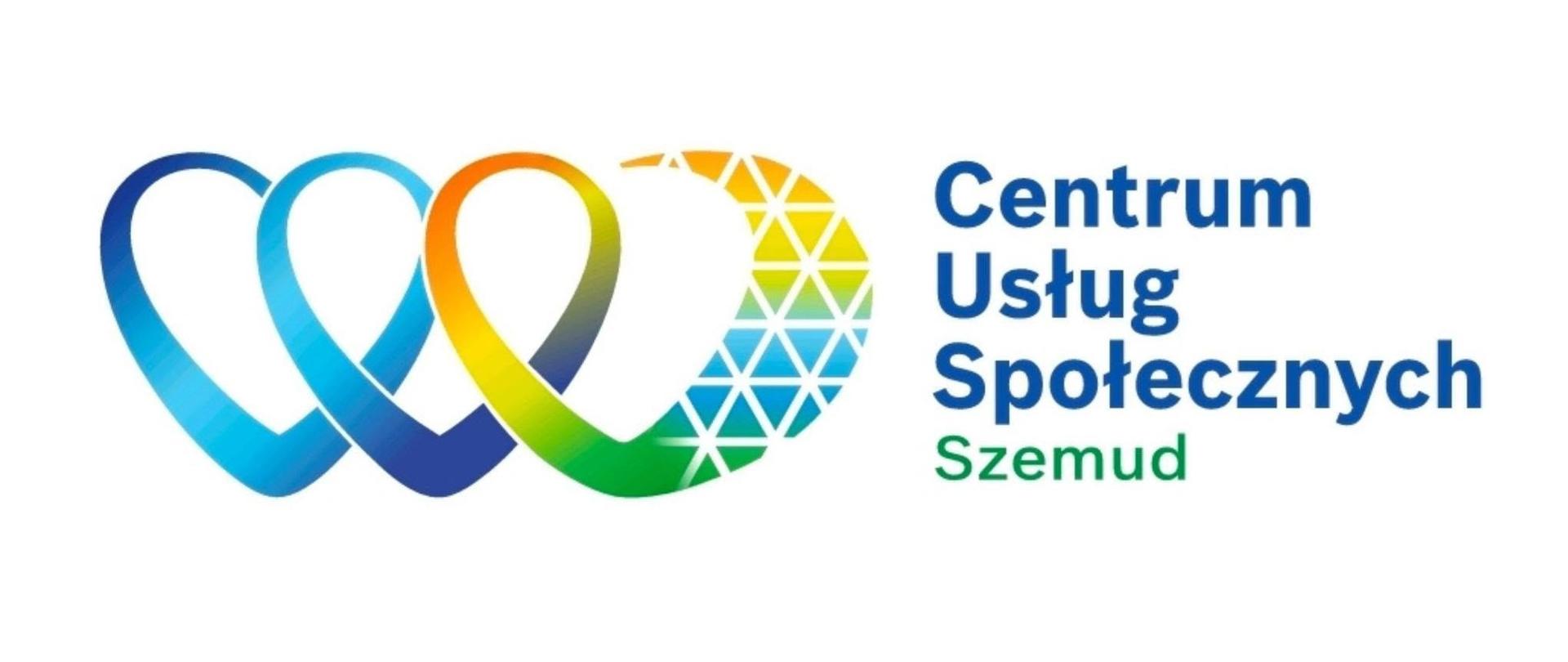 Logo Centrum Usług Społecznych w Szemudzie. Po lewej stronie znajduje się kolorowy znak graficzny z połączonych pętli, a po prawej napis „Centrum Usług Społecznych Szemud”.