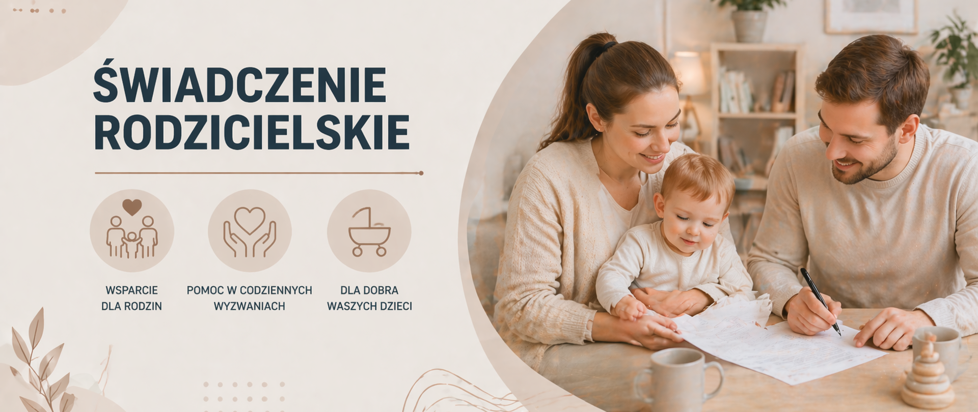 Panoramiczna grafika informacyjna utrzymana w ciepłej, jasnej kolorystyce (odcienie beżu, kremowe i delikatne brązy). Po lewej stronie znajduje się wyraźny nagłówek „ŚWIADCZENIE RODZICIELSKIE” oraz minimalistyczne ikony symbolizujące wsparcie dla rodzin, pomoc w codziennym funkcjonowaniu oraz troskę o najmłodsze dzieci.
Po prawej stronie widoczna jest ilustracja przedstawiająca młodą rodzinę z niemowlęciem – rodzice wspólnie zajmują się dzieckiem i wypełniają dokumenty, co nawiązuje do procesu ubiegania się o świadczenie. Scena podkreśla bliskość, zaangażowanie oraz codzienne obowiązki związane z opieką nad dzieckiem.
Całość ma nowoczesny, przejrzysty i przyjazny charakter, dostosowany do formatu panoramicznego, dzięki czemu dobrze prezentuje się na stronie internetowej oraz w mediach społecznościowych.