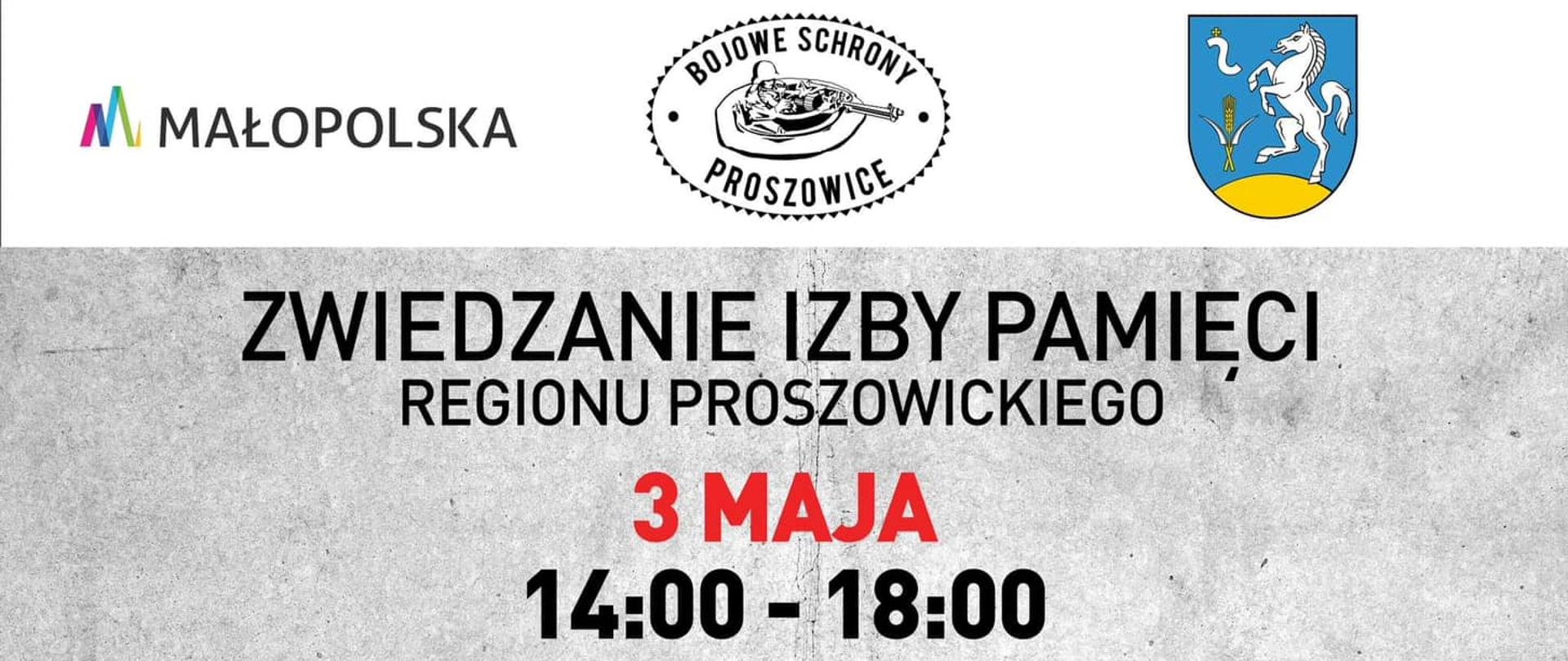 Plakat informujący o bezpłatnym zwiedzaniu Izby Pamięci regionu proszowickiego w dniu 3 maja w godzinach 14.00- 18.00 w miejscowości Karwin 1.