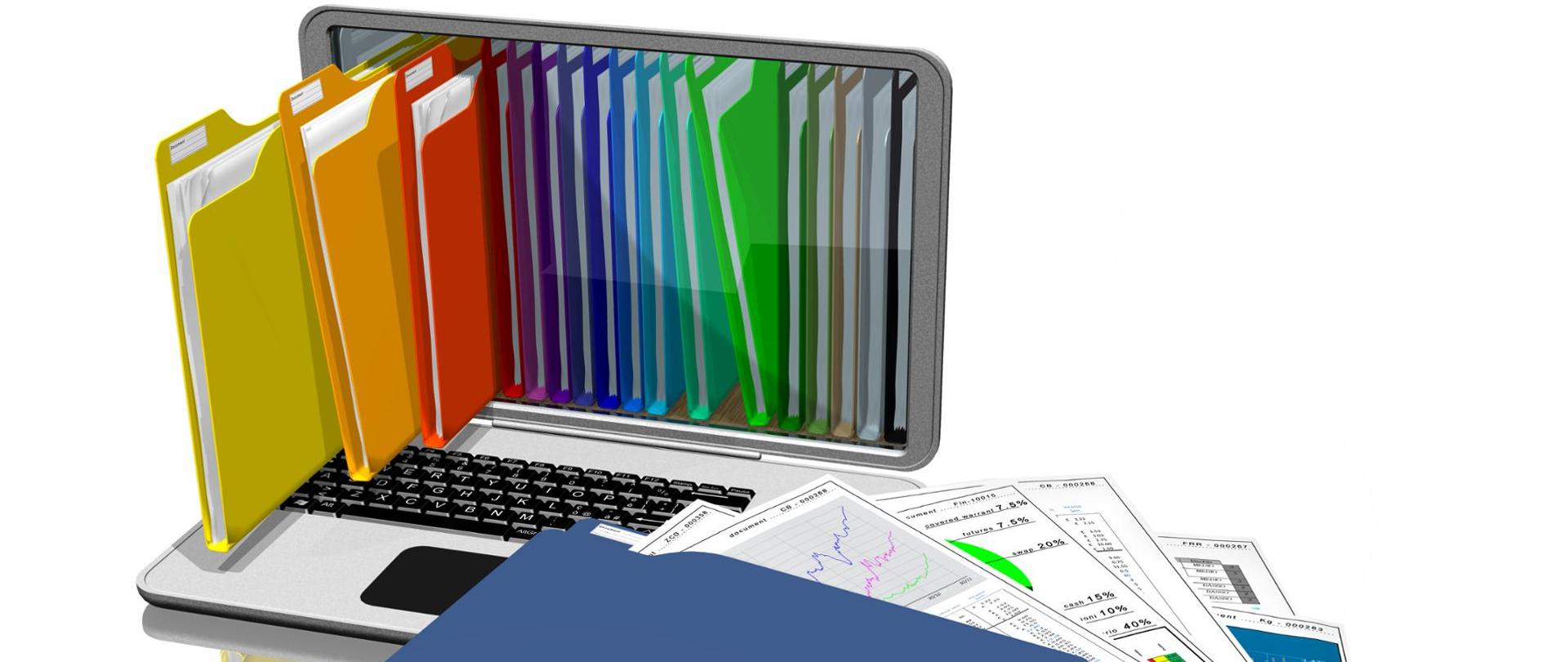 Zdjęcie przedstawia kolorowe teczki wsuwane do stojącego laptopa na białym tle. 