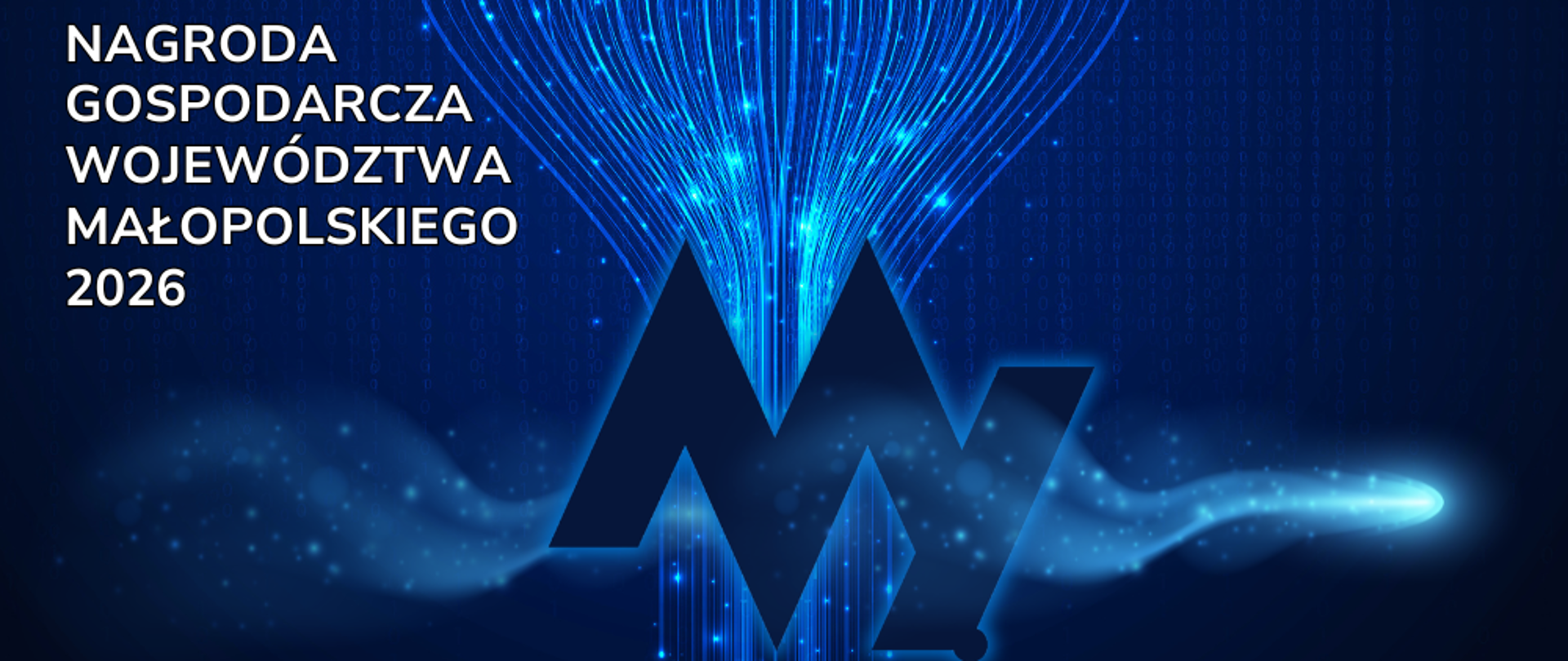 Grafika promująca Nagrodę Gospodarczą Województwa Małopolskiego 2026 – na ciemnoniebieskim, technologicznym tle z cyfrowymi liniami świetlnymi widoczny jest stylizowany znak „M”, a po lewej napis „Nagroda Gospodarcza Województwa Małopolskiego 2026”; w prawym dolnym rogu logo „Małopolska Innowacyjna” oraz adres strony malopolskanagrodagospodarcza.pl.