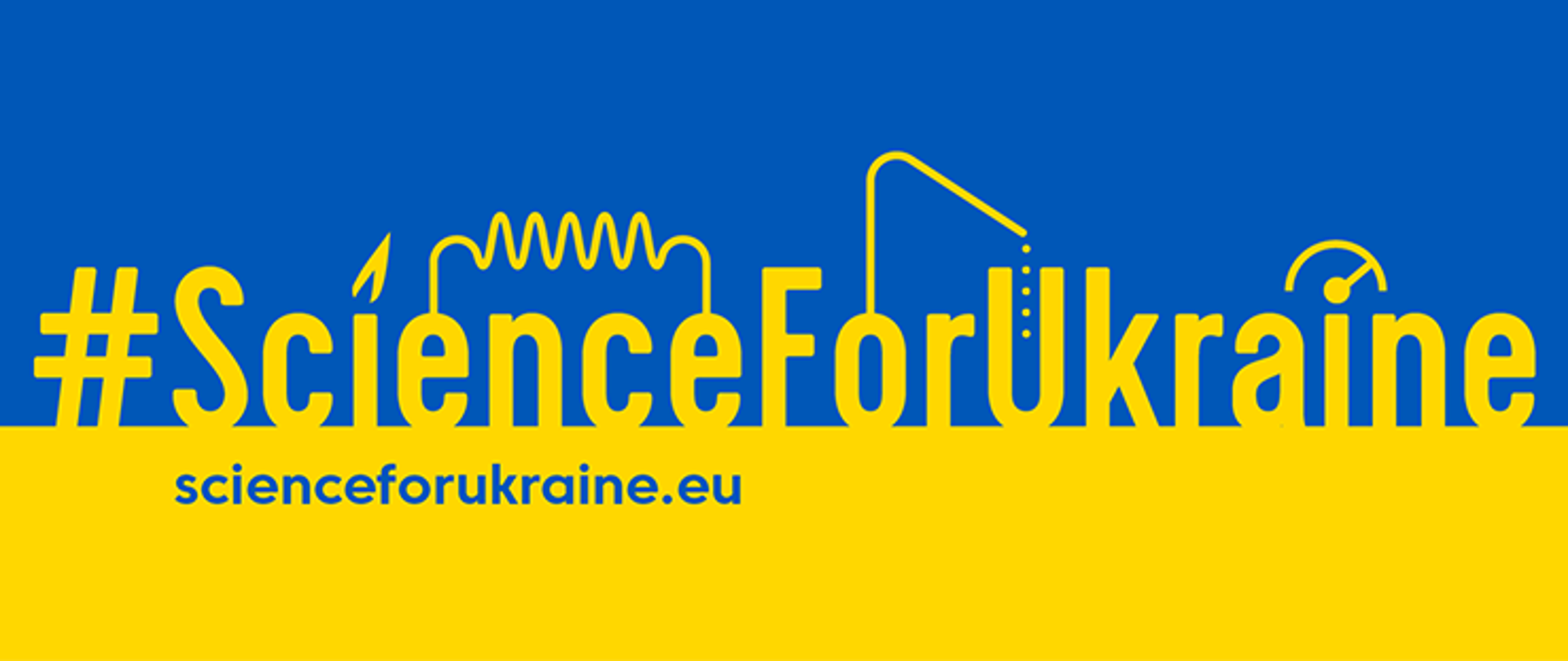 zdjęcie przedstawia logo w kolorach flagi Ukrainy: niebiesko- żółtym z napisem na niebieskiej części tła, czcionką w kolorze żółtym: #ScienceForUkraine. Na żółtej części tła niebieski napis: scienceforukraine.eu