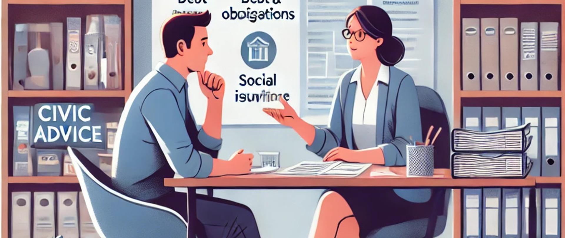 Ilustracja przedstawiająca obywatela otrzymującego nieodpłatną poradę obywatelską w biurze. Doradca, siedzący przy biurku z dokumentami i broszurami, wyjaśnia prawa i obowiązki słuchającej osoby. W tle widoczne są półki z dokumentami prawnymi i tablica z planem działania. Atmosfera jest spokojna i wspierająca, a w otoczeniu subtelnie przedstawione są tematy takie jak zarządzanie zadłużeniem, sprawy mieszkaniowe i ubezpieczenia społeczne
