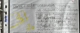 Kartka z segregatora, na niej zamieszczona treść opowiadania napisanego przez ucznia na podstawie przeczytanej książki "Biuro detektywistyczne Lassego i Mai"