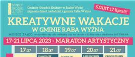 Plakat zapraszający na wydarzenie Kreatywne wakacje w Gminie Raba Wyżna. Od 17 do 21 lipca 2023 roku odbędzie maraton artystyczny.