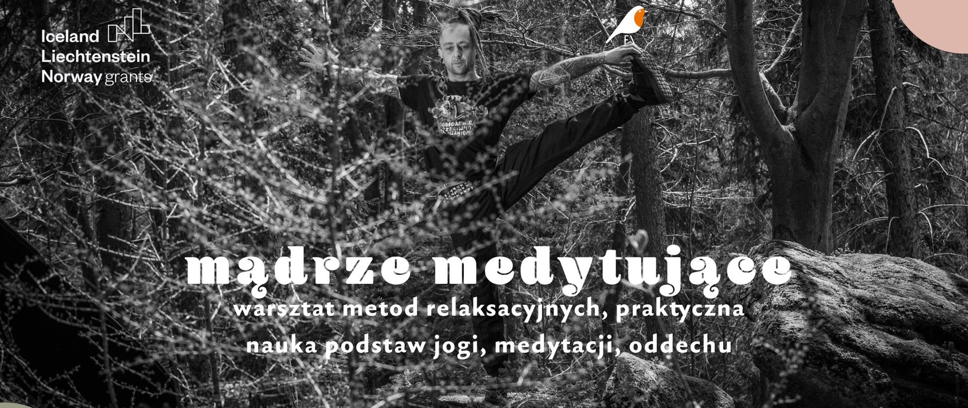 Na szarej fotografii przedstawiającej medytującego człowieka w lesie, napisy organizacyjne (zawarte w artykule)