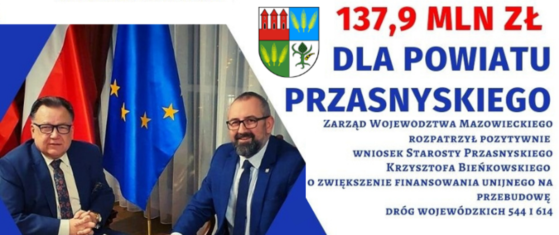 Grafika promująca zwiększenie dofinansowania na przebudowę dróg wojewódzkich biegnących przez powiat przasnyski. Od lewej strony: Marszałek Województwa Mazowieckiego Adam Struzik, Starosta Przasnyski Krzysztof Bieńkowski. Treść grafiki: 137,9 milionów złotych dla powiatu przasnyskiego. Zarząd Województwa Mazowieckiego rozpatrzył pozytywnie wniosek Starosty Krzysztofa Bieńkowskiego o zwiększenie finansowania unijnego na przebudowę dróg wojewódzkich 544 i 614.