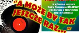 Okrągła płyta kolorowe tło czerwone litery zaproszenie na Koncert wspomnień muzycznych 