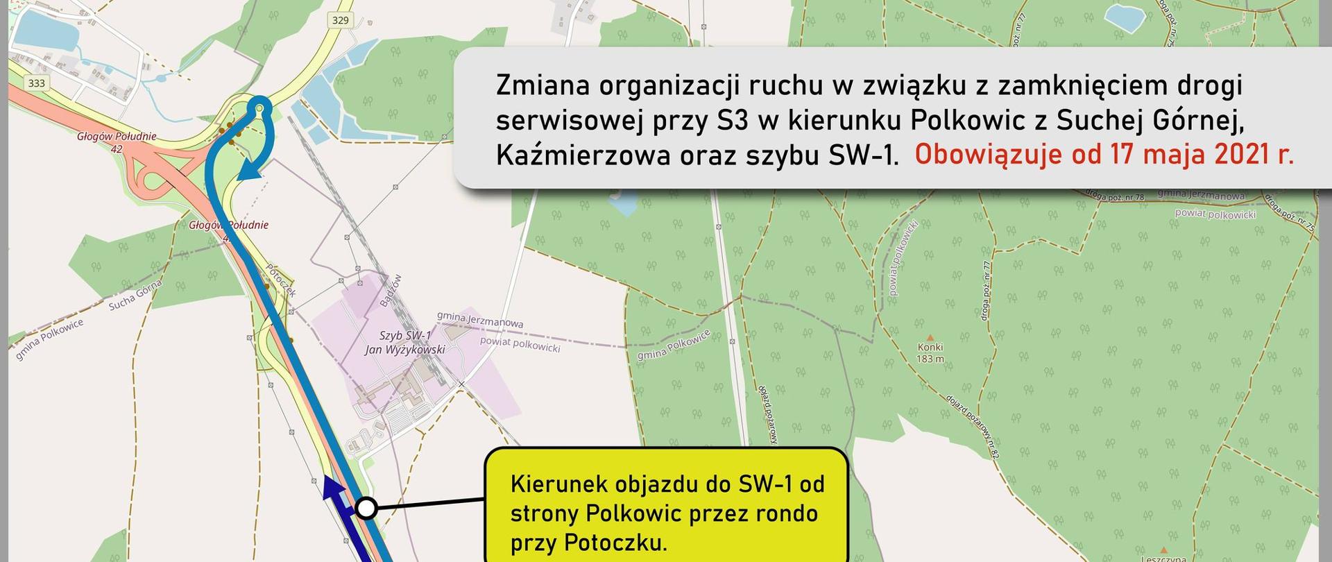 Mapa drogowa z zaznaczonymi w rożnych kolorach miejscami zmiany organizacji ruchu. 