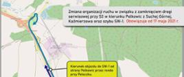 Mapa drogowa z zaznaczonymi na kolorowo drogami w związku ze zmianą organizacji ruchu.