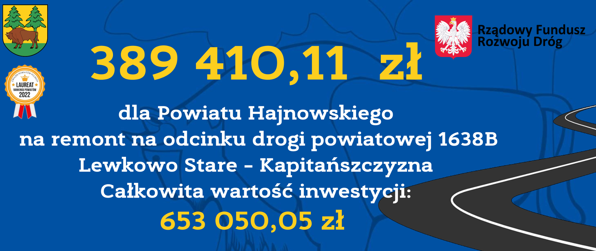 389 410,11 zł dla Powiatu Hajnowskiego na remont na odcinku drogi powiatowej 1638B Lewkowo Stare – Kapitańszczyzna Całkowita wartość inwestycji: 653 050,05 zł 
