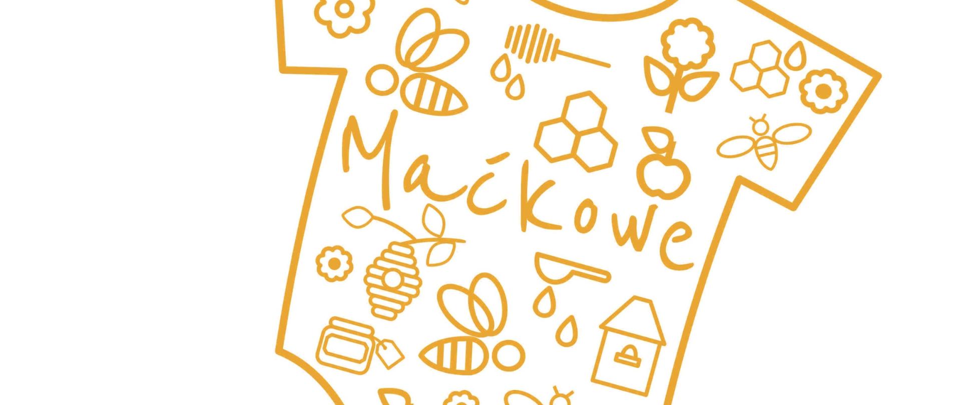 zdjęcie przedstawia dziecięce body w ciemno żółtym kolorze z napisem Maćkowe oraz obrazkami z motywami pszczelarskimi, takimi jak pszczółka, plaster miody, łyżka do miodu, ul. kwiaty